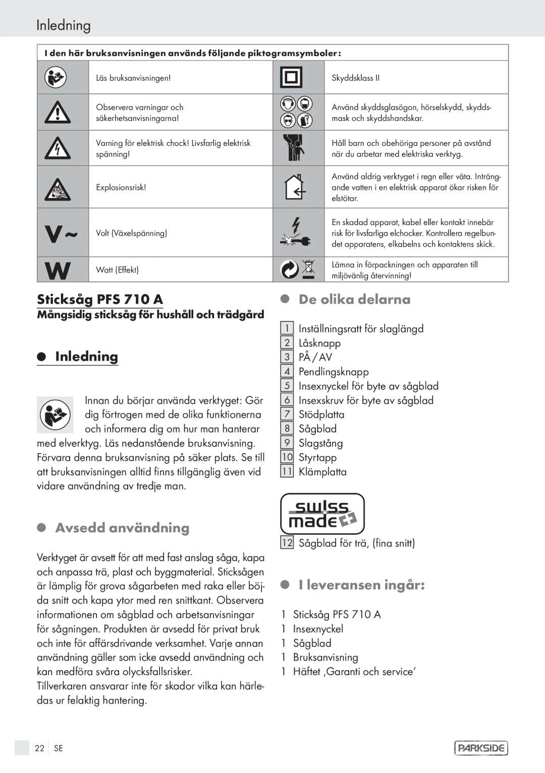 Kompernass PFS 710 A manual Inledning, Sticksåg PFS 710 a, De olika delarna, Avsedd användning, Leveransen ingår 