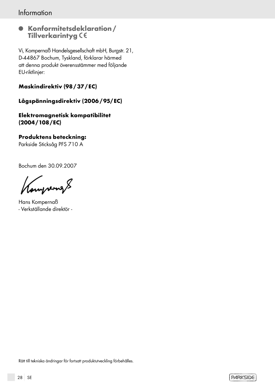 Kompernass PFS 710 A manual Information, Konformitetsdeklaration / Tillverkarintyg 