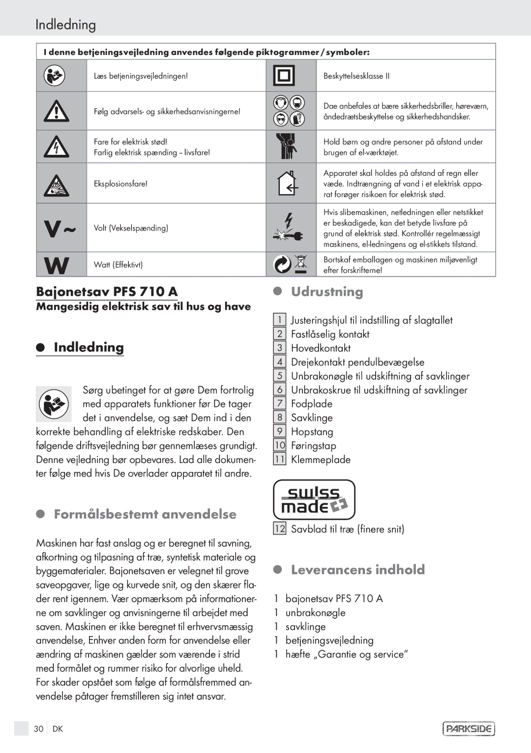 Kompernass PFS 710 A manual Indledning, Bajonetsav PFS 710 a, Udrustning, Formålsbestemt anvendelse, Leverancens indhold 