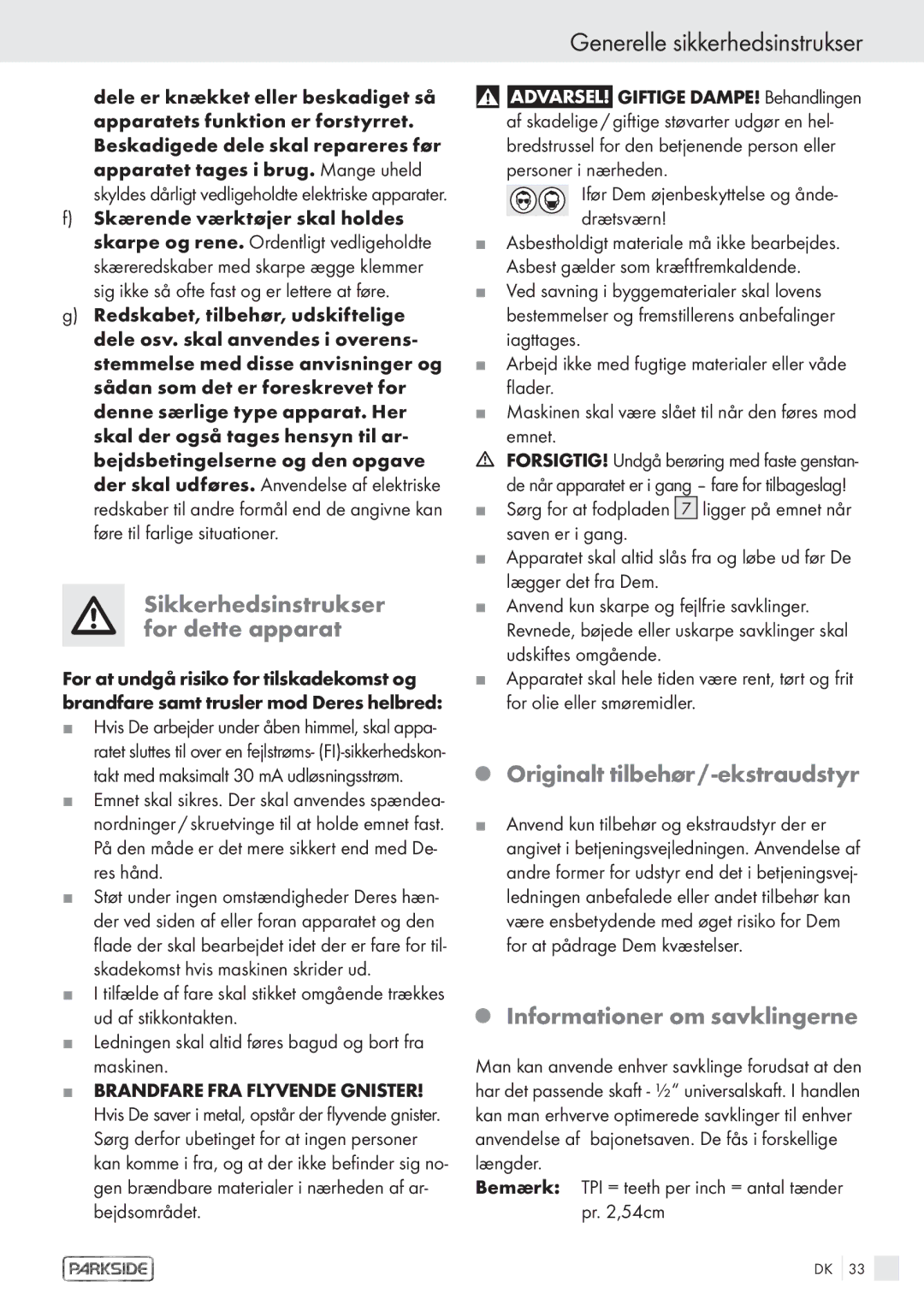 Kompernass PFS 710 A manual Sikkerhedsinstrukser for dette apparat, Originalt tilbehør / -ekstraudstyr 