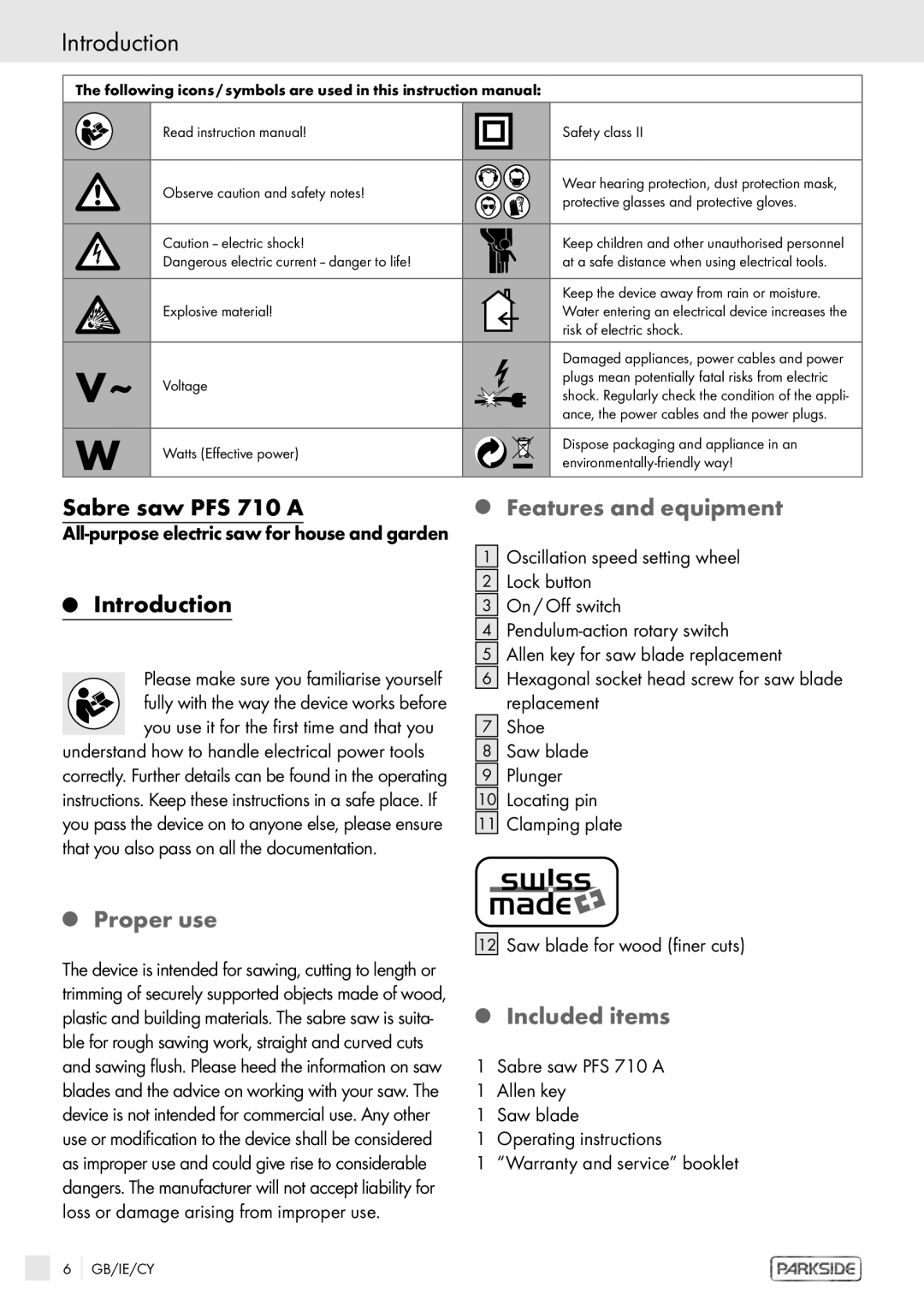 Kompernass PFS 710 A manual Introduction, Sabre saw PFS 710 a, Features and equipment, Proper use, Included items 