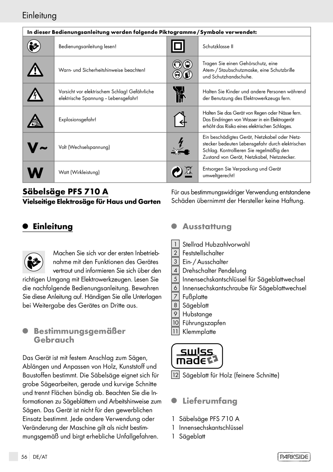 Kompernass PFS 710 A manual Einleitung, Ausstattung, Bestimmungsgemäßer, Gebrauch, Lieferumfang 