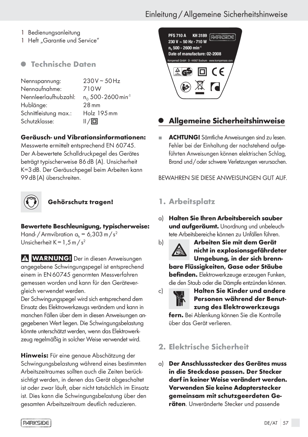 Kompernass PFS 710 A Einleitung / Allgemeine Sicherheitshinweise, Technische Daten, Arbeitsplatz, Elektrische Sicherheit 