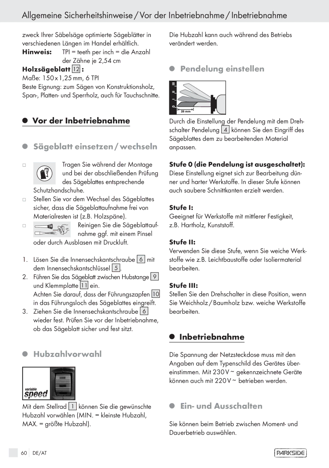 Kompernass PFS 710 A manual Pendelung einstellen, Sägeblatt einsetzen / wechseln, Hubzahlvorwahl, Ein- und Ausschalten 