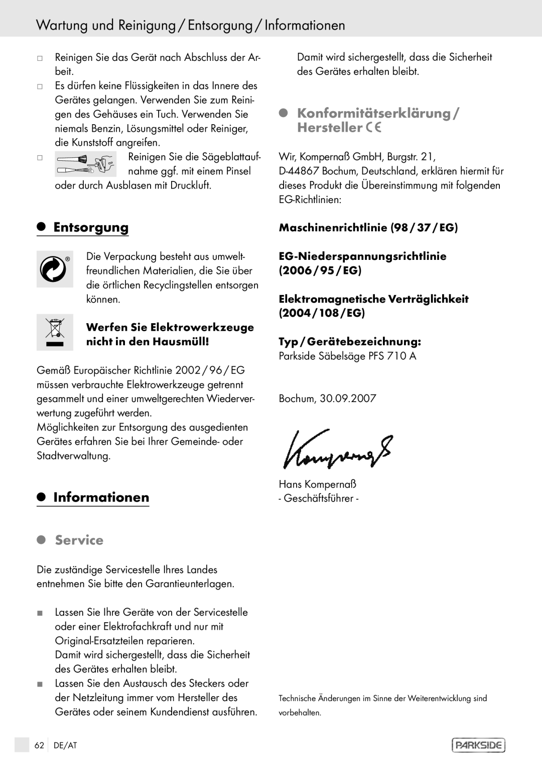 Kompernass PFS 710 A manual Wartung und Reinigung / Entsorgung / Informationen, Service, Konformitätserklärung / Hersteller 