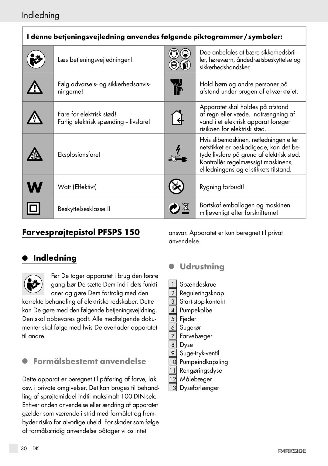 Kompernass PFSPS150 manual Indledning, Farvesprøjtepistol Pfsps, Udrustning, Formålsbestemt anvendelse 