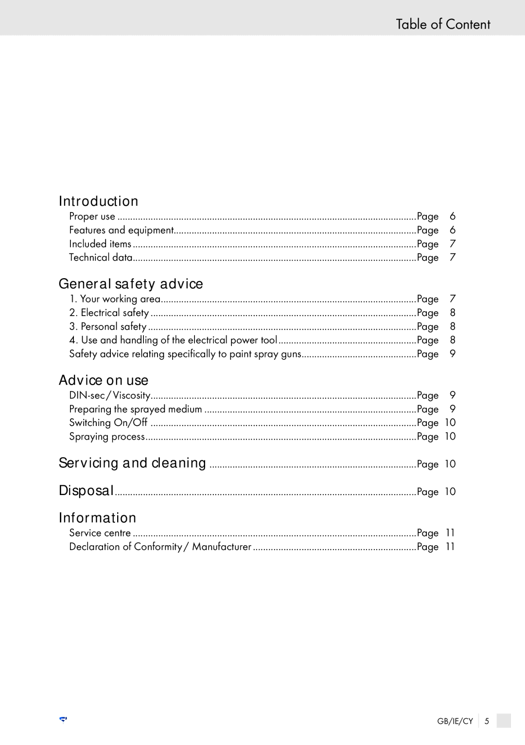 Kompernass PFSPS150 manual Table of Content, Introduction, General safety advice, Advice on use, Information 