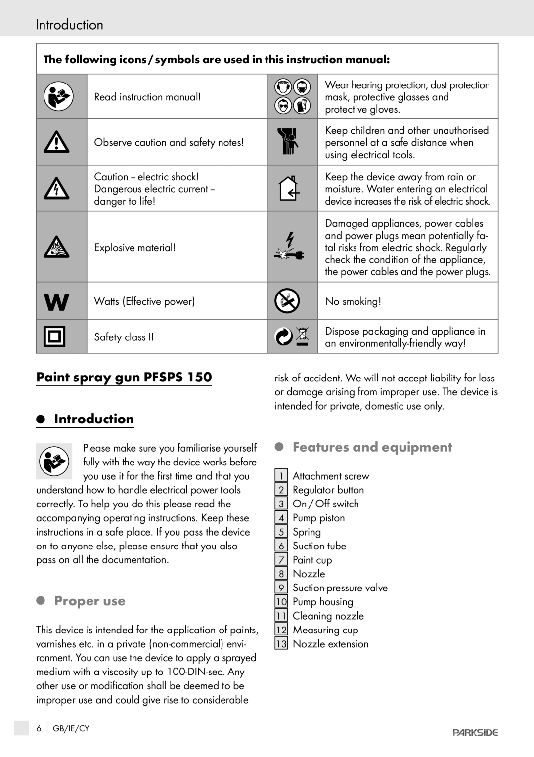 Kompernass PFSPS150 manual Introduction, Paint spray gun Pfsps, Features and equipment, Proper use 