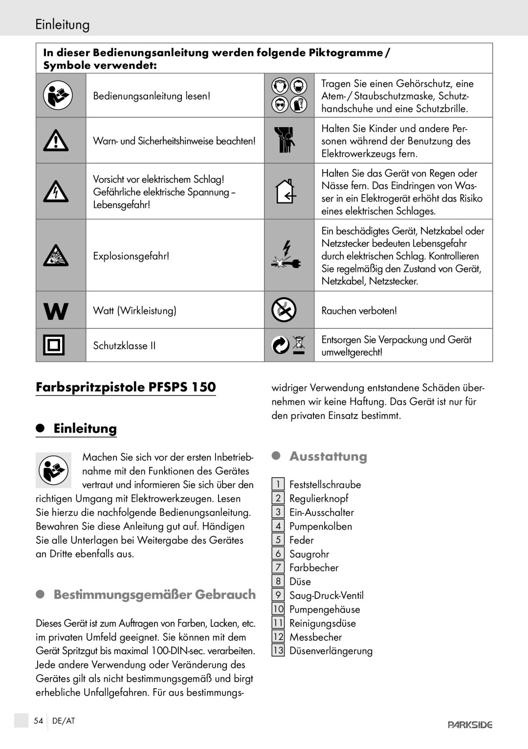 Kompernass PFSPS150 manual Einleitung, Farbspritzpistole Pfsps, Ausstattung, Bestimmungsgemäßer Gebrauch 