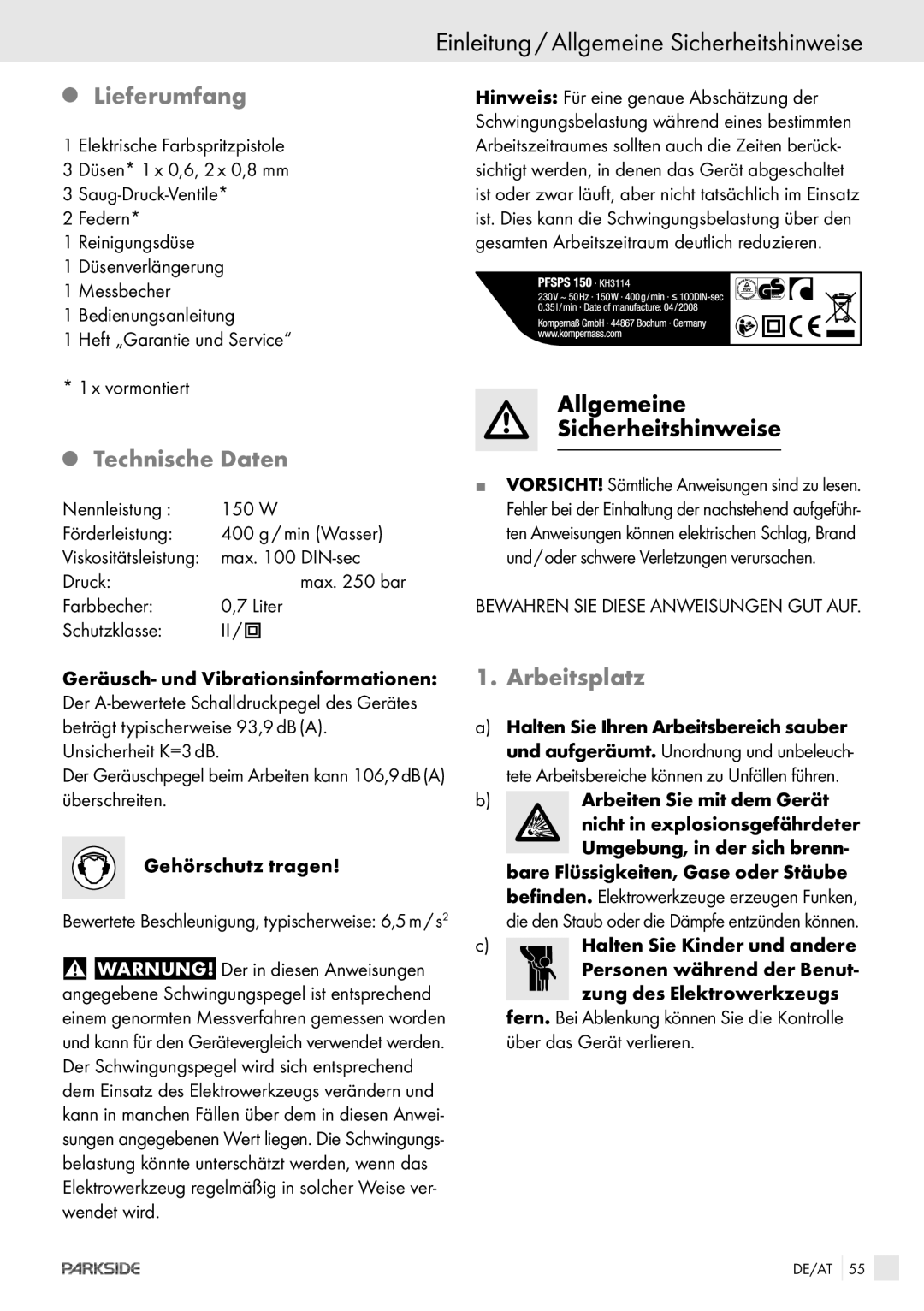 Kompernass PFSPS150 manual Einleitung / Allgemeine Sicherheitshinweise, Lieferumfang, Technische Daten, Arbeitsplatz 