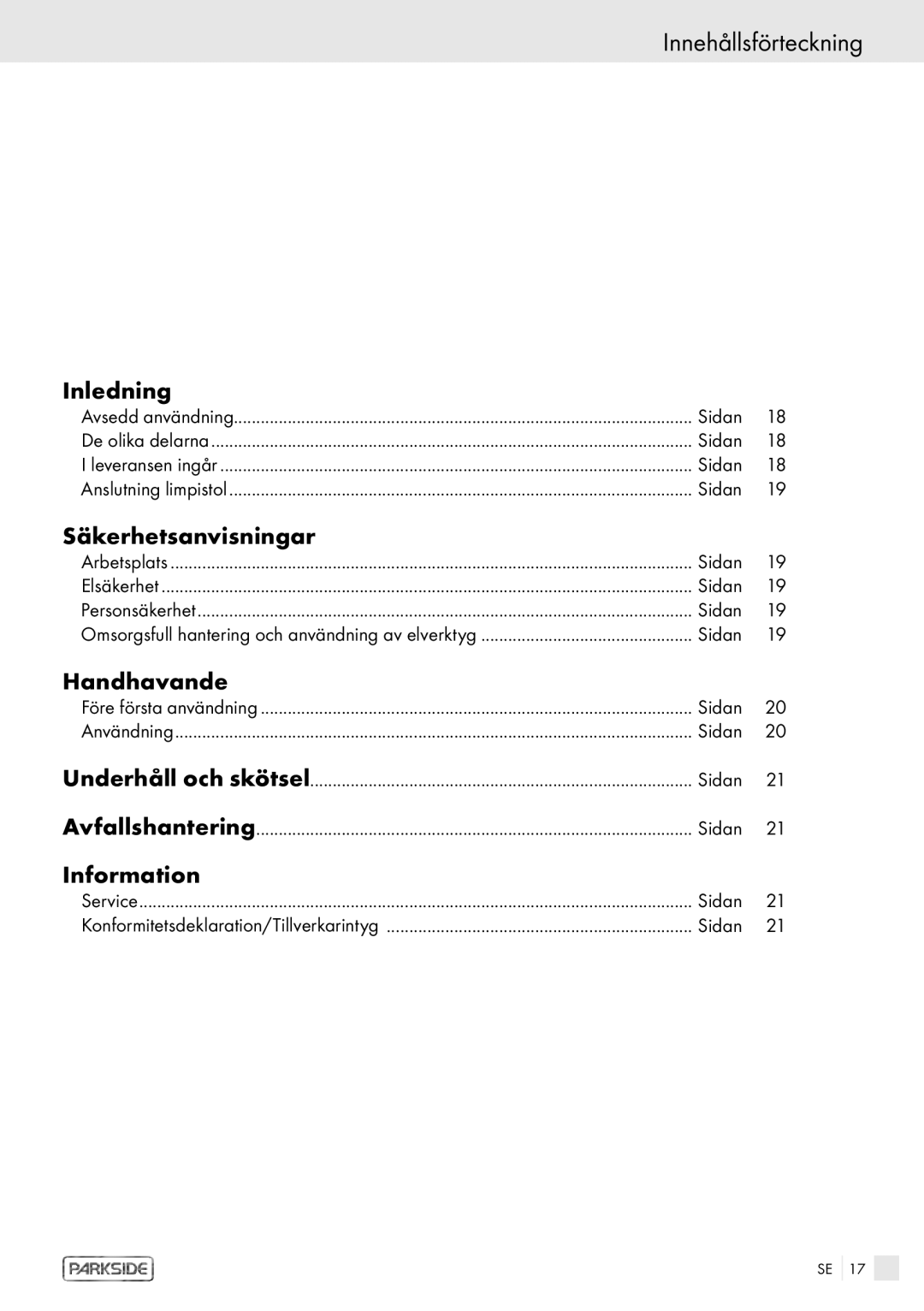 Kompernass PHKP 500 manual Innehållsförteckning, Inledning, Säkerhetsanvisningar, Handhavande 