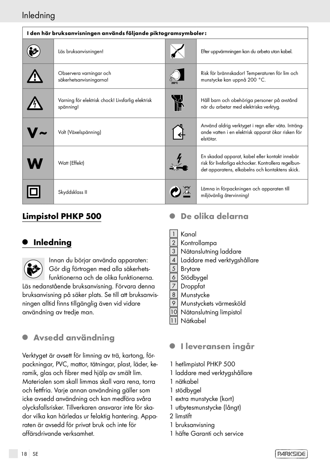 Kompernass PHKP 500 manual Inledning, Limpistol Phkp, De olika delarna, Avsedd användning Leveransen ingår 