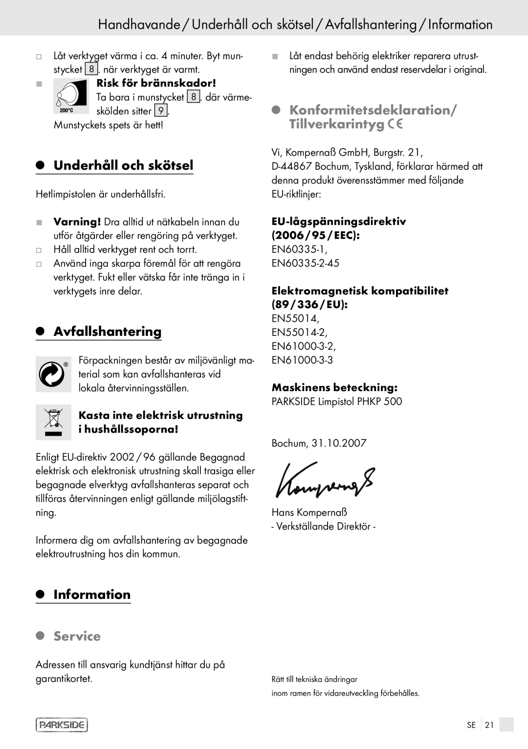 Kompernass PHKP 500 manual Underhåll och skötsel, Avfallshantering, Konformitetsdeklaration/ Tillverkarintyg 