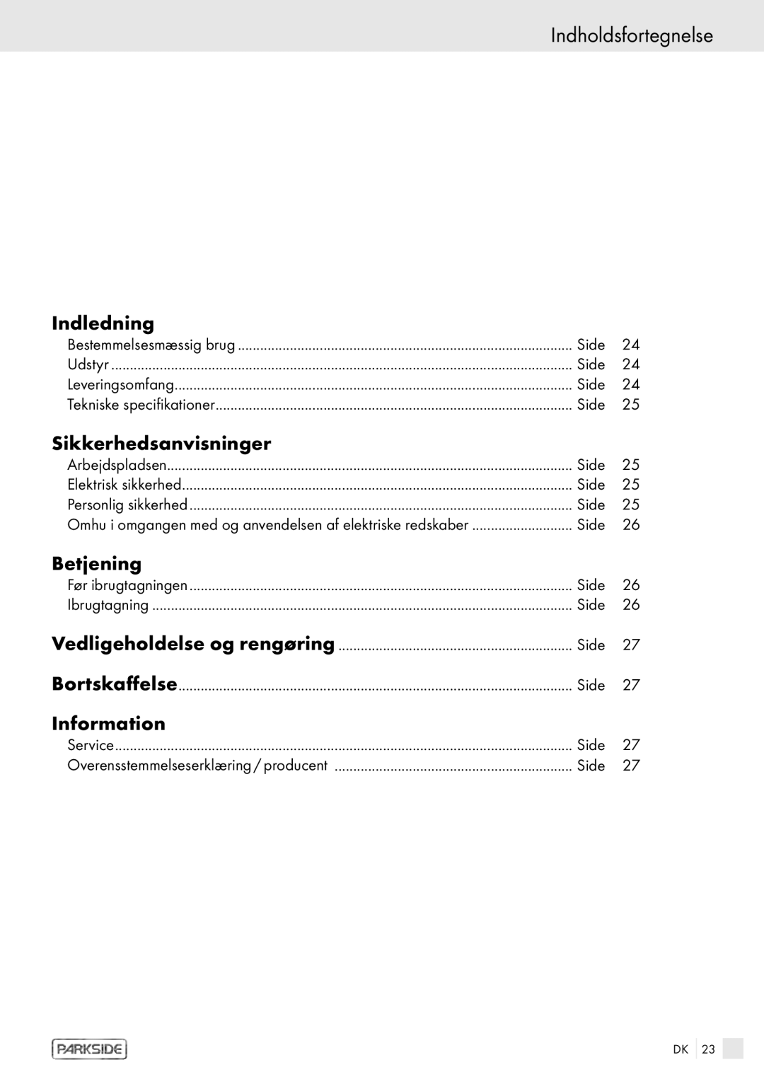 Kompernass PHKP 500 Indholdsfortegnelse, Indledning, Sikkerhedsanvisninger, Betjening, Side Vedligeholdelse og rengøring 