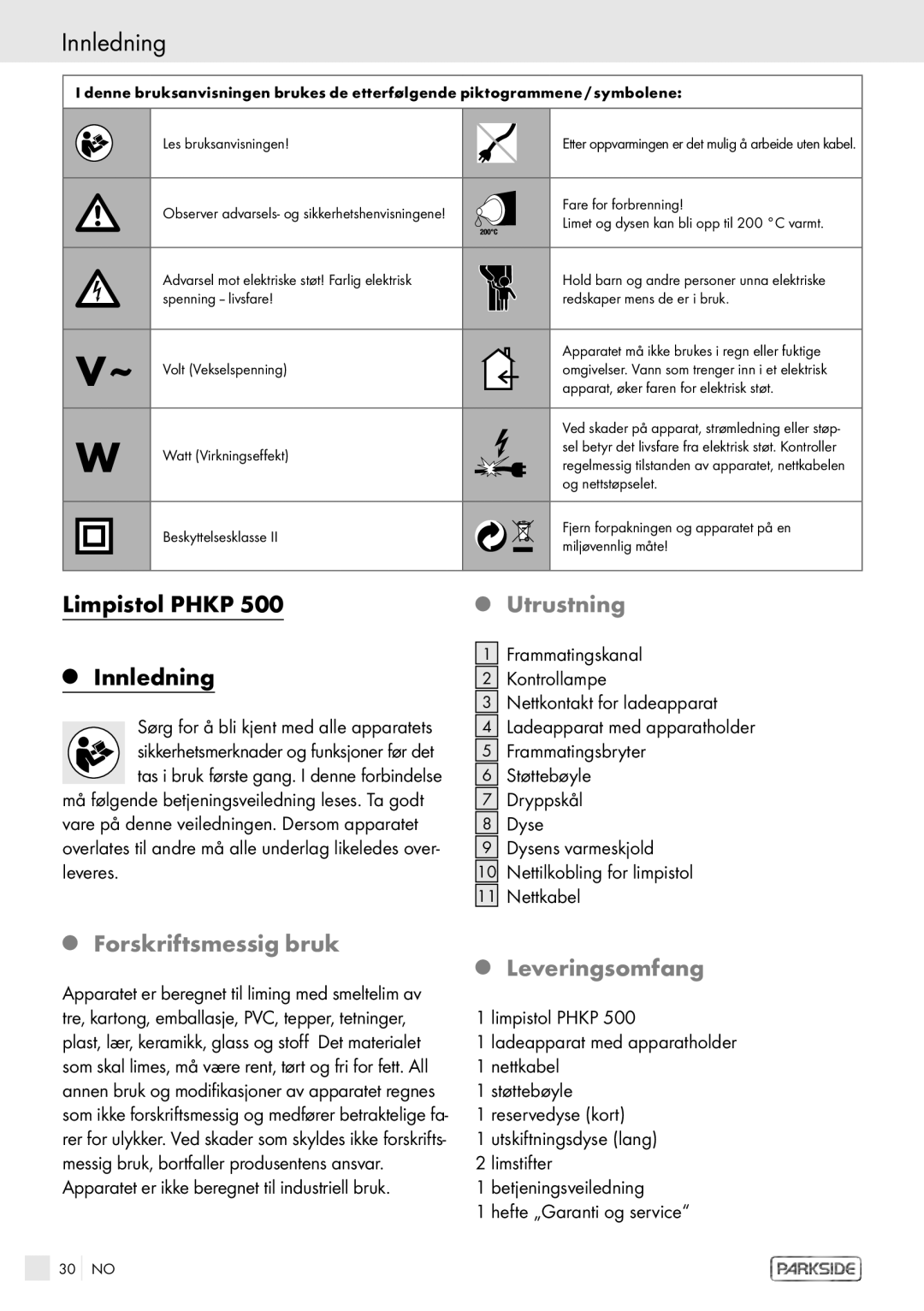 Kompernass PHKP 500 manual Innledning, Utrustning, Forskriftsmessig bruk Leveringsomfang 