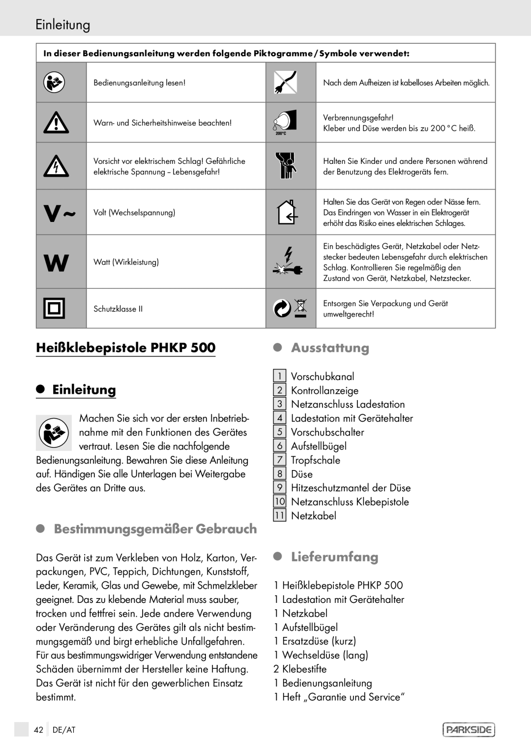 Kompernass PHKP 500 manual Einleitung, Heißklebepistole Phkp, Ausstattung, Bestimmungsgemäßer Gebrauch, Lieferumfang 