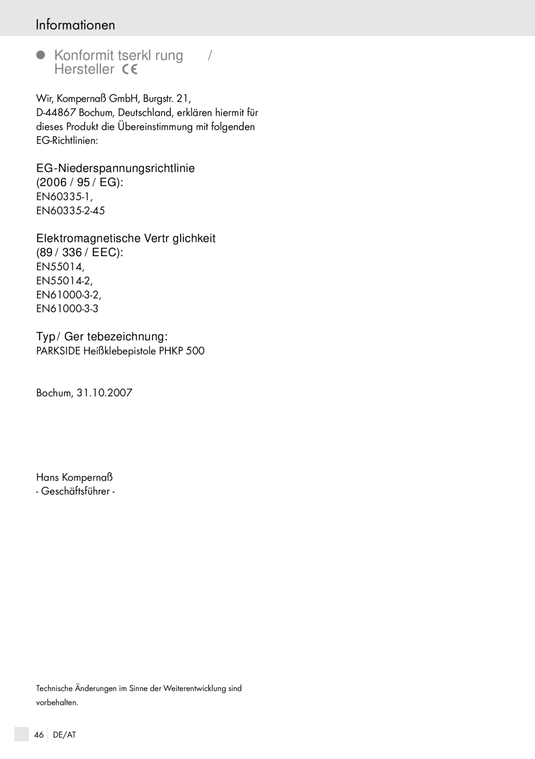 Kompernass PHKP 500 manual Informationen, Konformitätserklärung / Hersteller, Wir, Kompernaß GmbH, Burgstr 