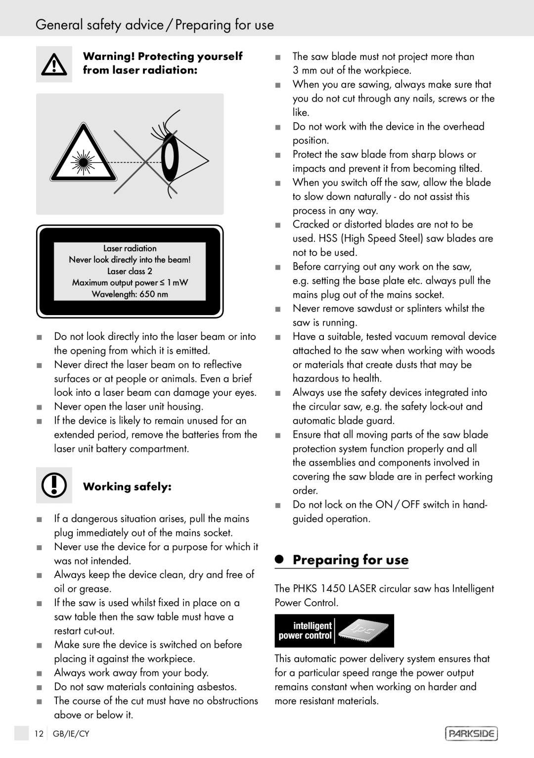 Kompernass PHKS 1450 LASER manual General safety advice / Preparing for use 