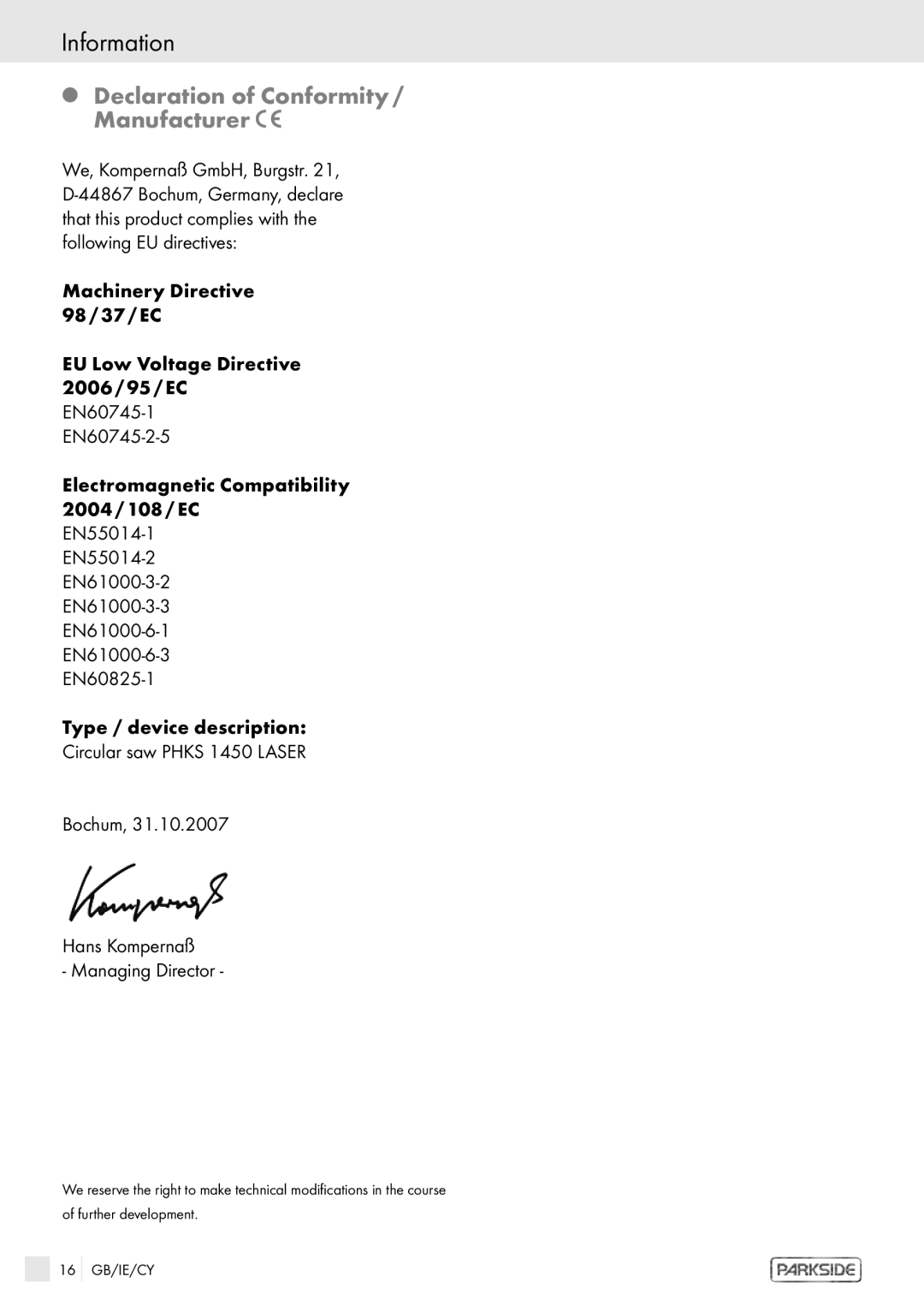 Kompernass PHKS 1450 LASER manual Information, Declaration of Conformity / Manufacturer 