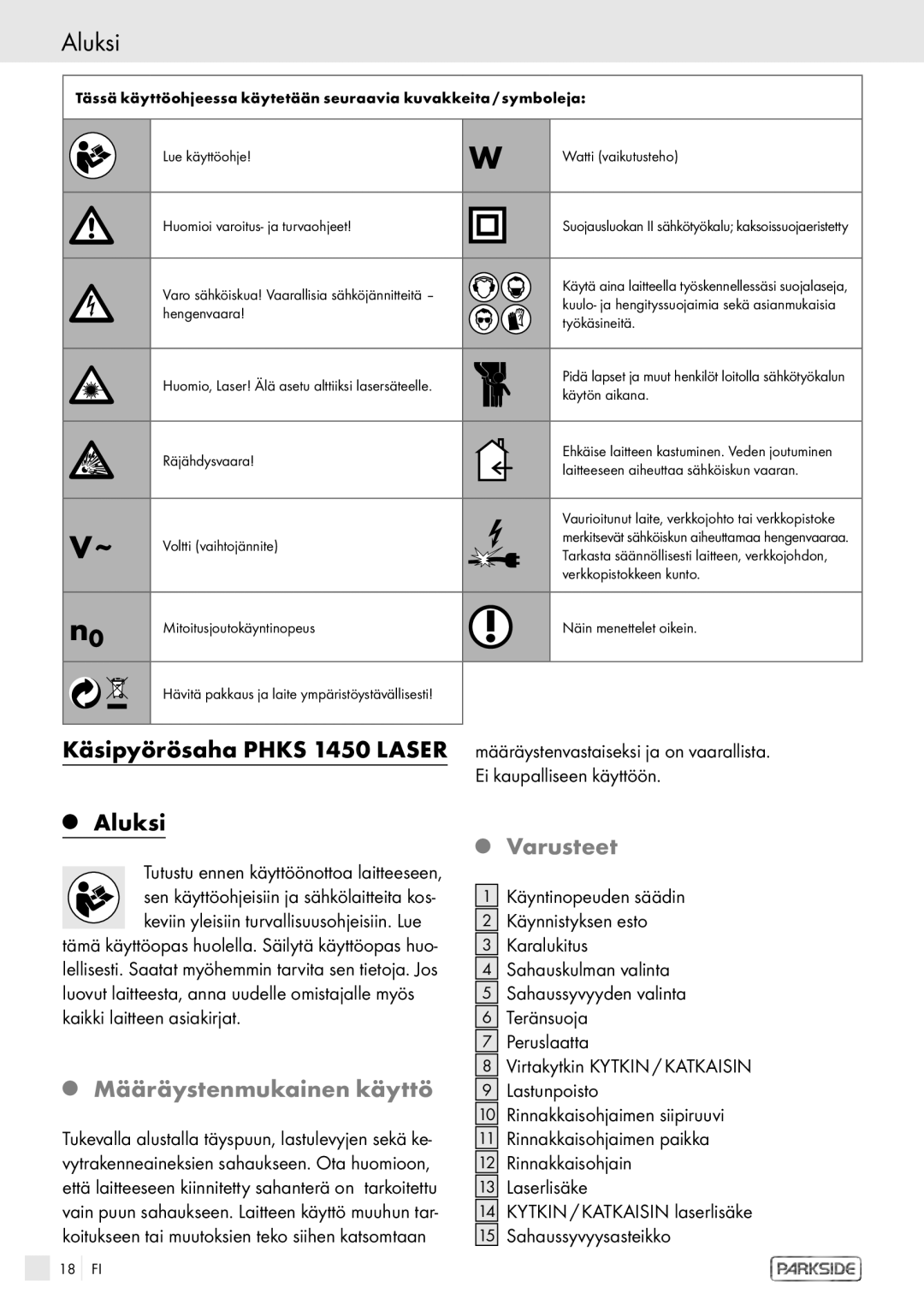 Kompernass PHKS 1450 LASER manual Aluksi, Käsipyörösaha Phks 1450 Laser, Varusteet, Määräystenmukainen käyttö 