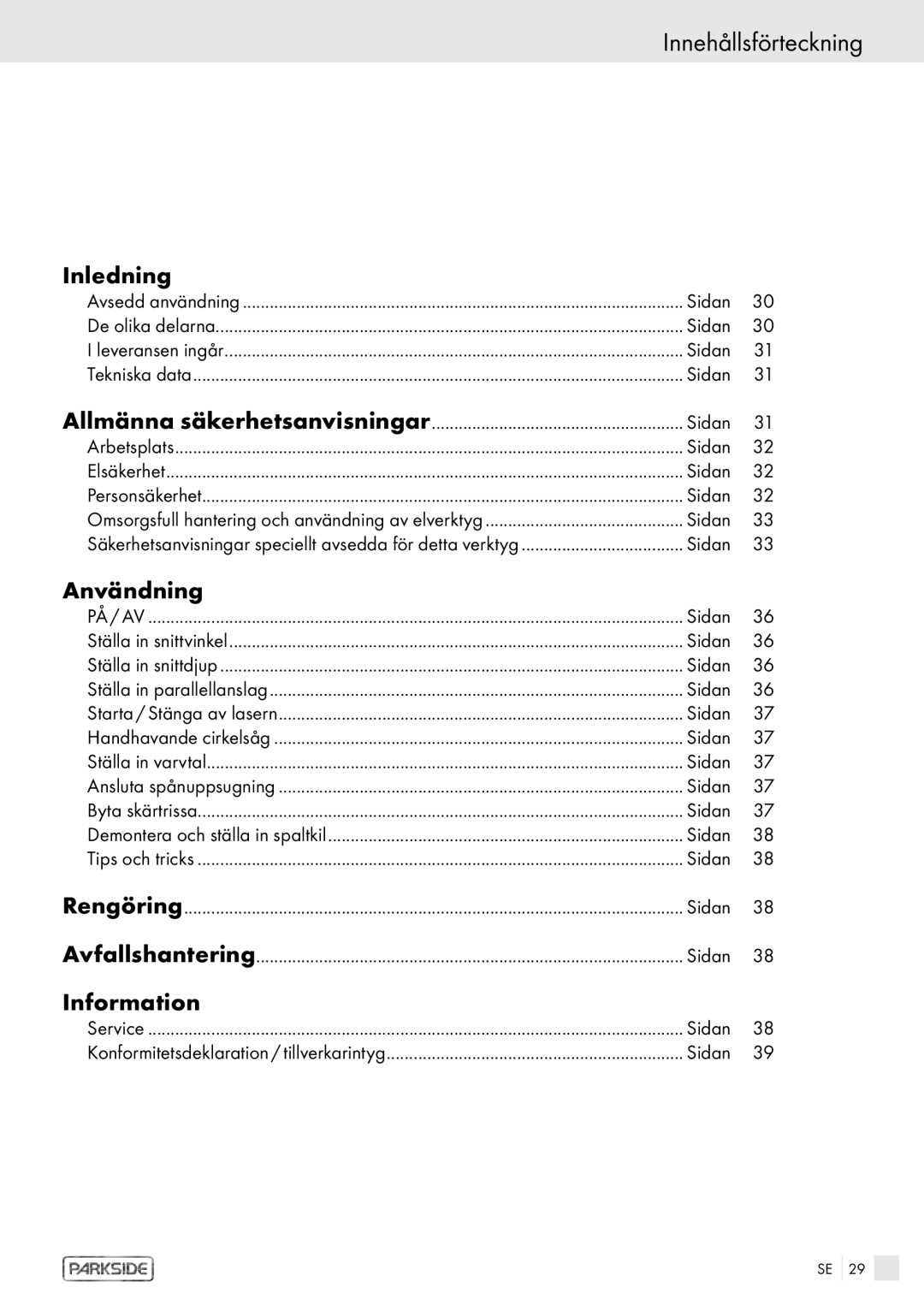 Kompernass PHKS 1450 LASER manual Innehållsförteckning, Inledning, Användning 