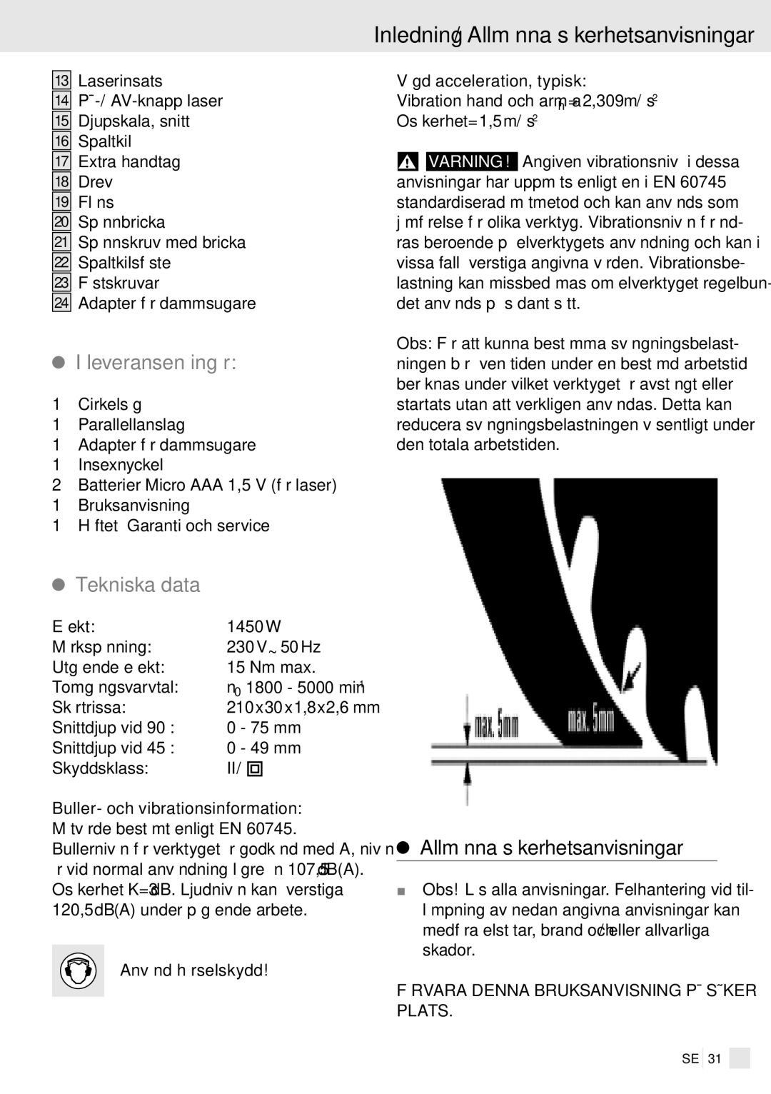 Kompernass PHKS 1450 LASER manual Inledning / Allmänna säkerhetsanvisningar, Leveransen ingår, Tekniska data 