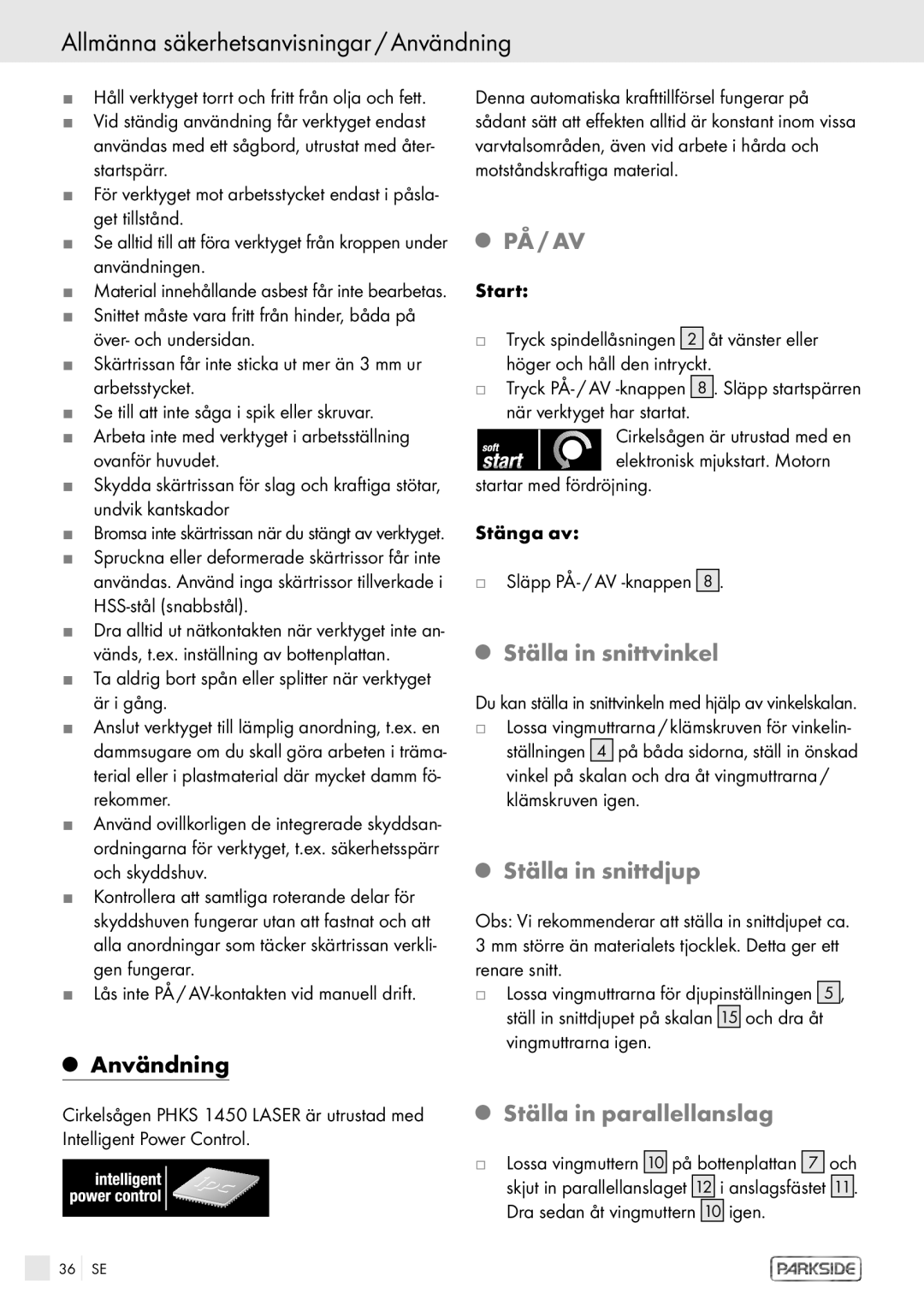 Kompernass PHKS 1450 LASER manual Allmänna säkerhetsanvisningar / Användning, Ställa in snittvinkel, Ställa in snittdjup 