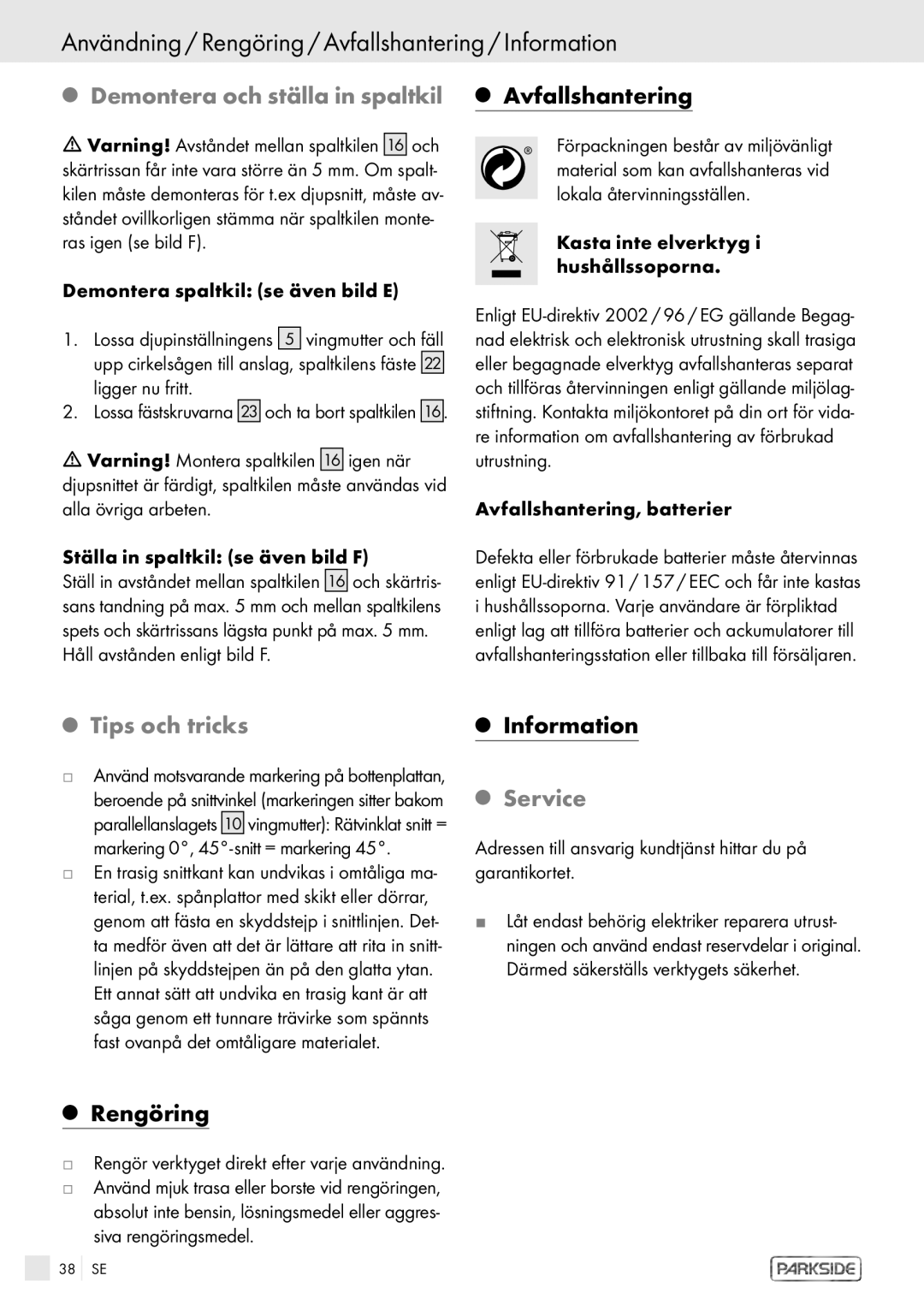 Kompernass PHKS 1450 LASER manual Användning / Rengöring / Avfallshantering / Information, Tips och tricks, Service 