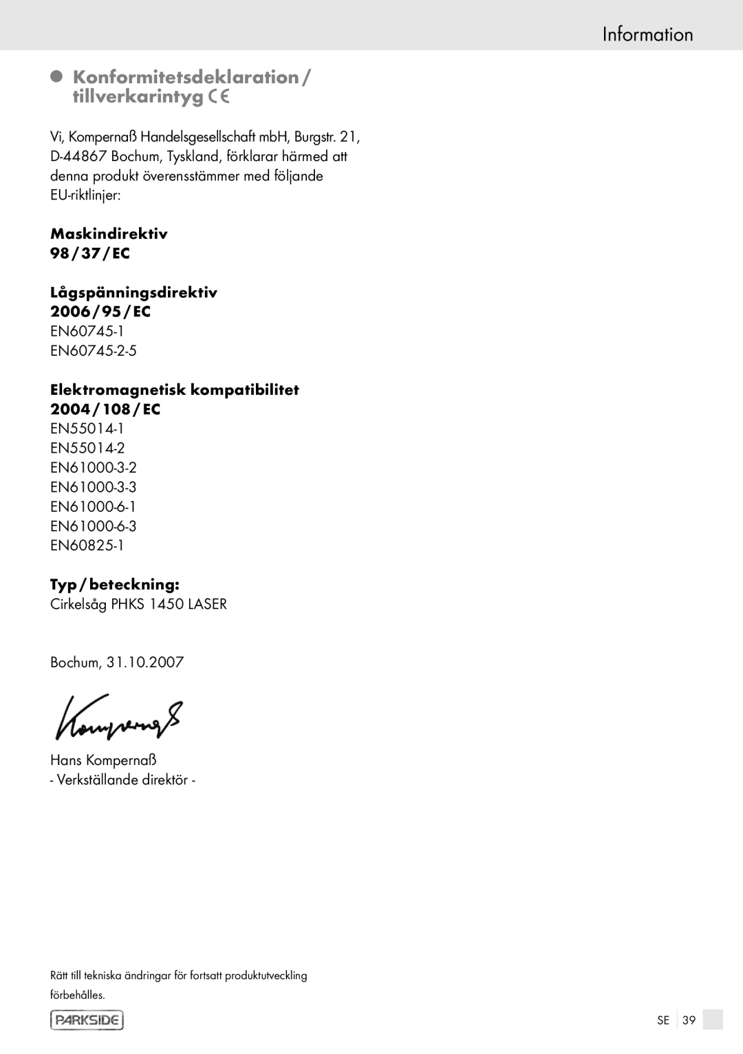 Kompernass PHKS 1450 LASER manual Information, Konformitetsdeklaration / tillverkarintyg 