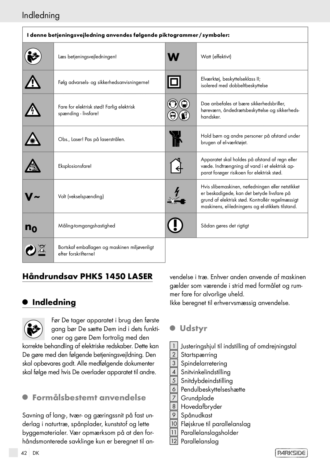 Kompernass PHKS 1450 LASER manual Håndrundsav Phks 1450 Laser Indledning, Formålsbestemt anvendelse, Udstyr 