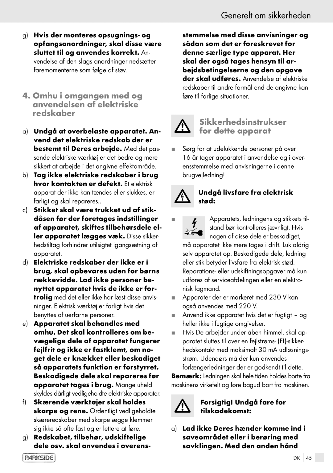 Kompernass PHKS 1450 LASER manual Omhu i omgangen med og anvendelsen af elektriske redskaber 