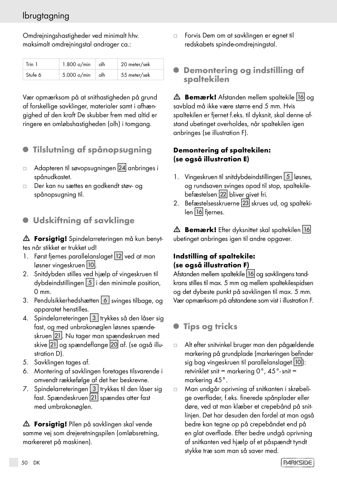 Kompernass PHKS 1450 LASER manual Tilslutning af spånopsugning, Udskiftning af savklinge, Tips og tricks 