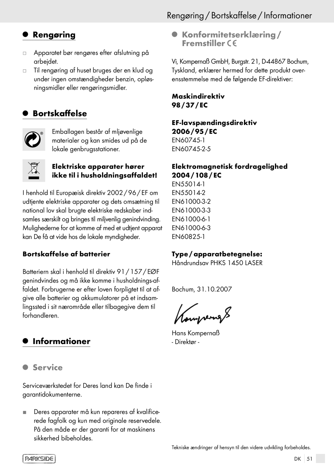 Kompernass PHKS 1450 LASER manual Rengøring / Bortskaffelse / Informationer, Konformitetserklæring / Fremstiller 