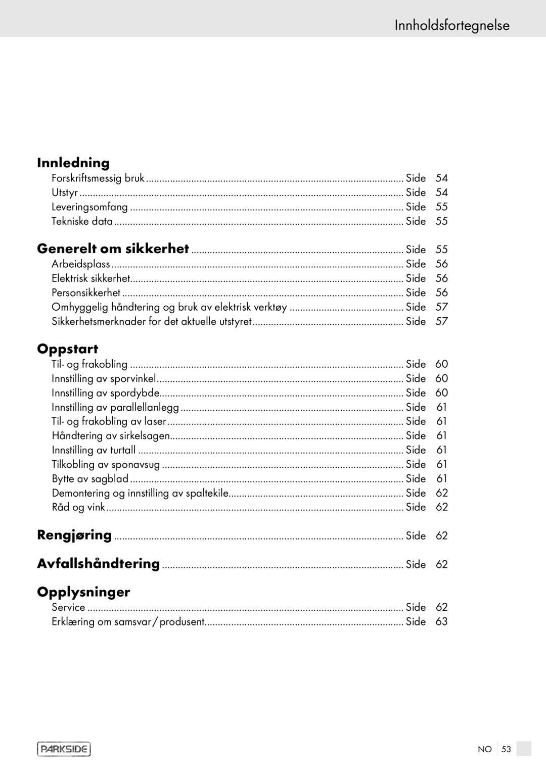 Kompernass PHKS 1450 LASER manual Innholdsfortegnelse, Innledning, Oppstart, Opplysninger, Side Avfallshåndtering 