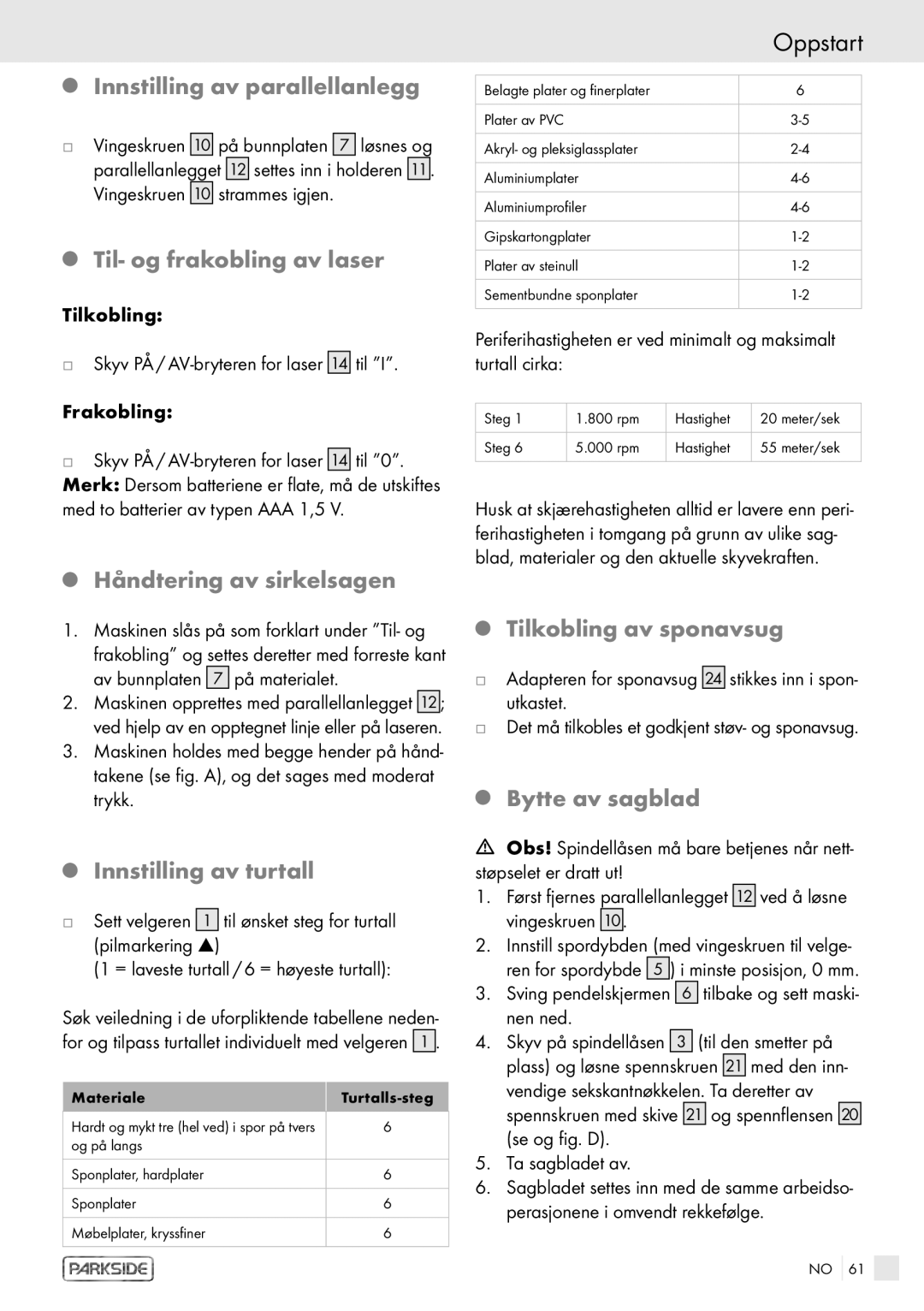 Kompernass PHKS 1450 LASER manual Innstilling av parallellanlegg, Til- og frakobling av laser, Håndtering av sirkelsagen 