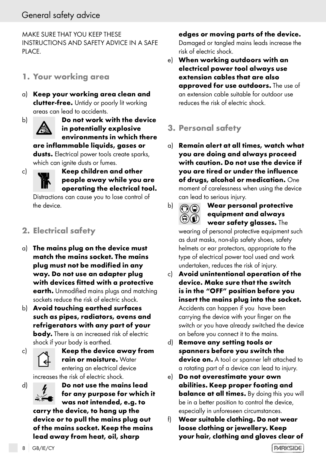 Kompernass PHKS 1450 LASER manual General safety advice, Your working area, Electrical safety, Personal safety 