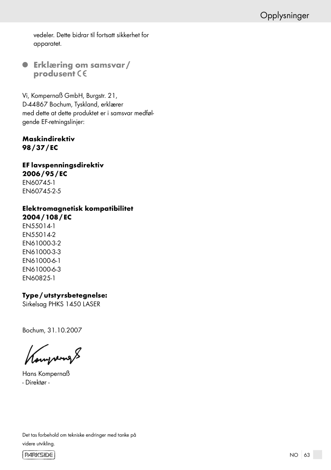Kompernass PHKS 1450 LASER manual Opplysninger, Erklæring om samsvar / produsent 