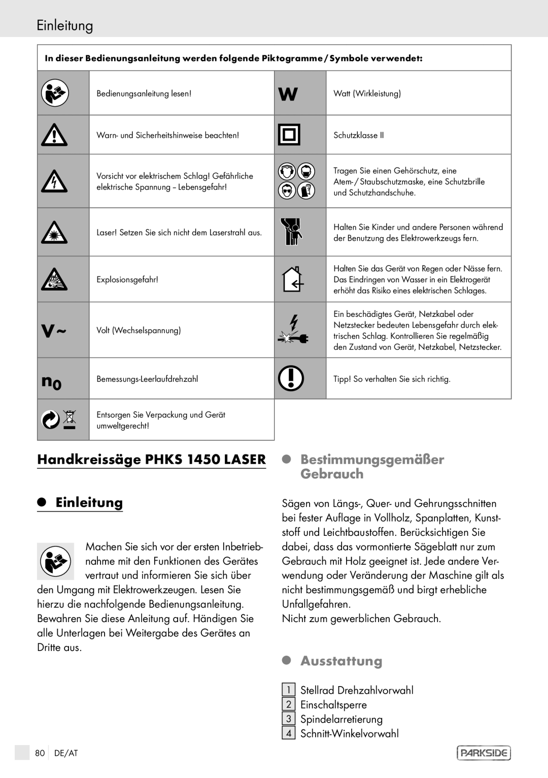 Kompernass PHKS 1450 LASER manual Handkreissäge Phks 1450 Laser Einleitung, Bestimmungsgemäßer Gebrauch, Ausstattung 