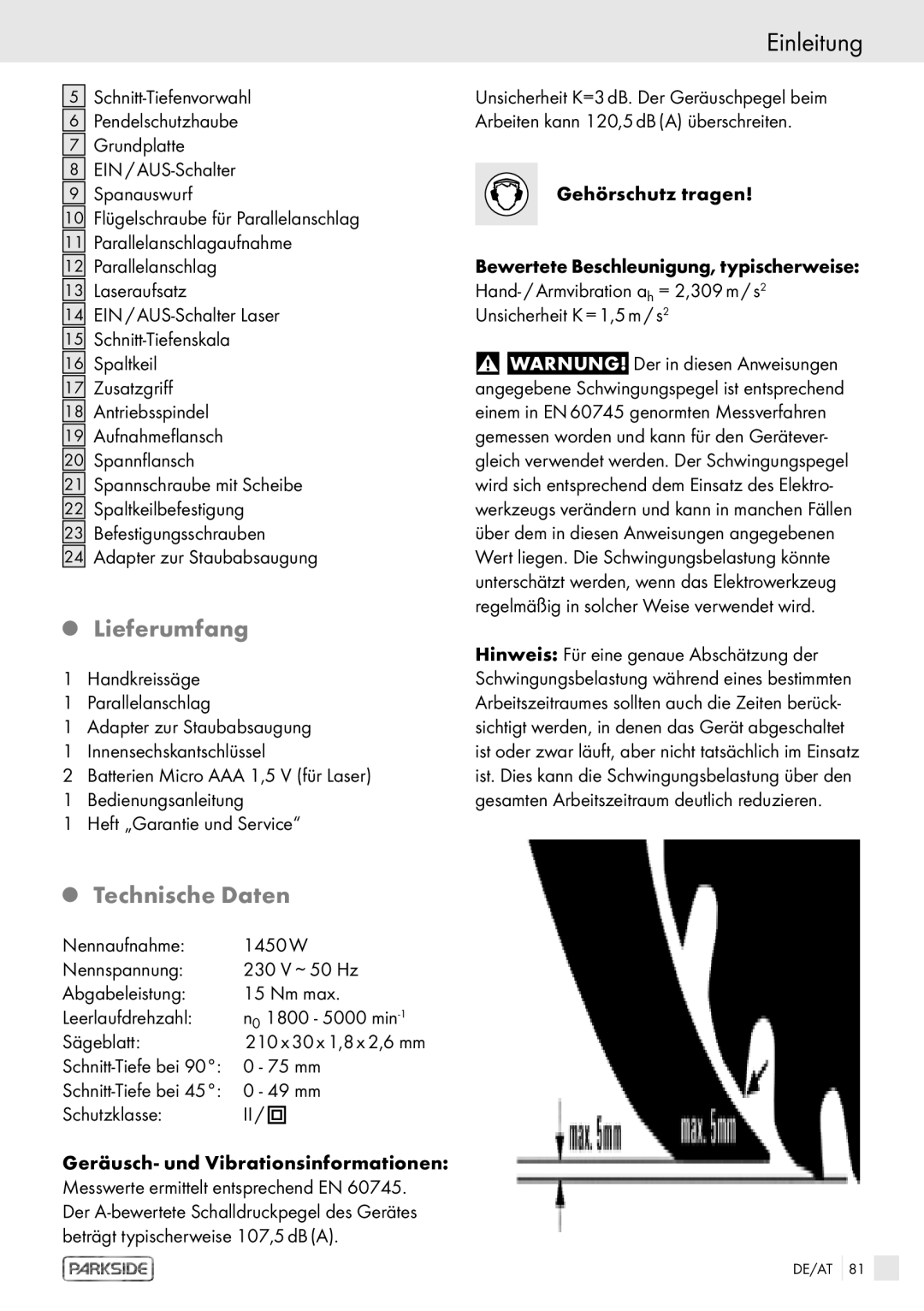 Kompernass PHKS 1450 LASER manual Lieferumfang, Technische Daten 