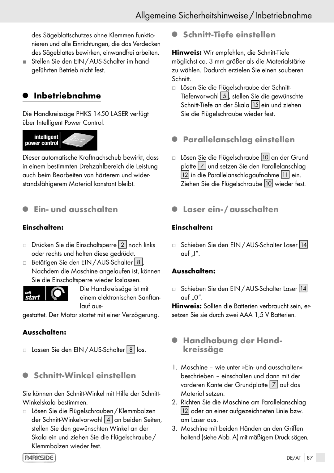 Kompernass PHKS 1450 LASER manual Schnitt-Tiefe einstellen, Parallelanschlag einstellen, Schnitt-Winkel einstellen 