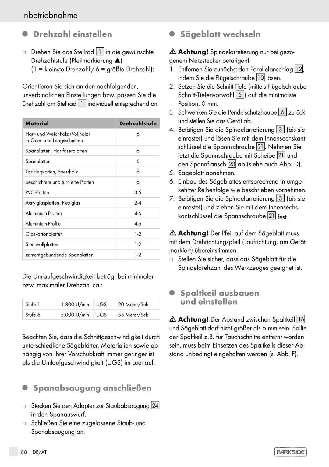 Kompernass PHKS 1450 LASER manual Inbetriebnahme, Drehzahl einstellen Sägeblatt wechseln, Spanabsaugung anschließen 