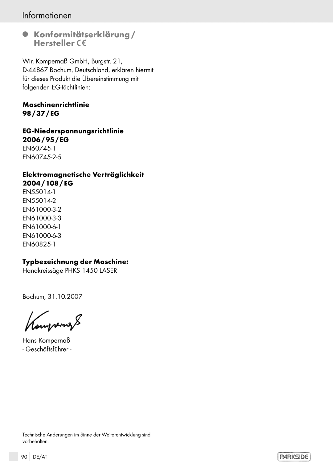 Kompernass PHKS 1450 LASER manual Informationen, Konformitätserklärung / Hersteller 