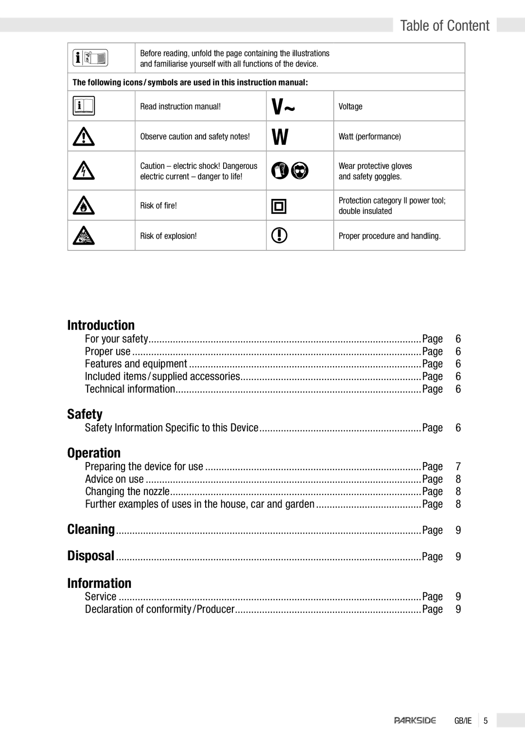 Kompernass PHLG 2000 SE manual Table of Content, Introduction, Safety, Operation, Information 