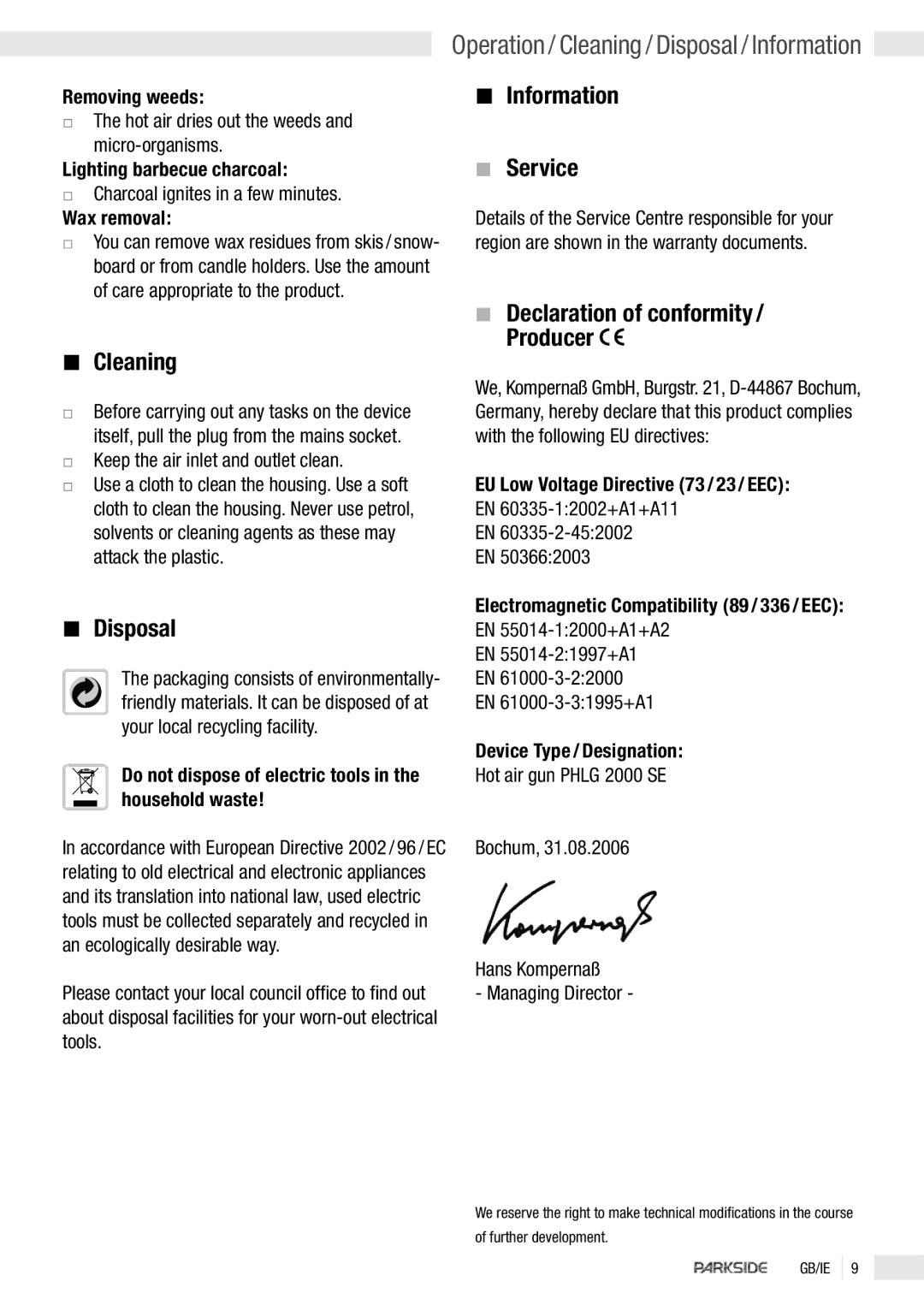 Kompernass PHLG 2000 SE manual Cleaning, Disposal, Information Service, Declaration of conformity / Producer 