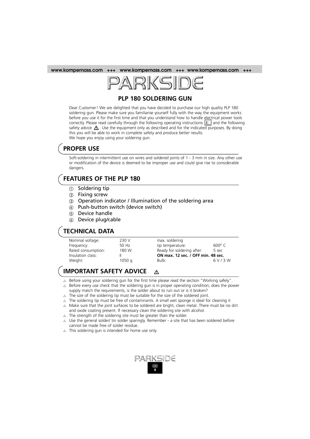 Kompernass manual PLP 180 Soldering GUN, Proper USE, Features of the PLP, Technical Data, Important Safety Advice 