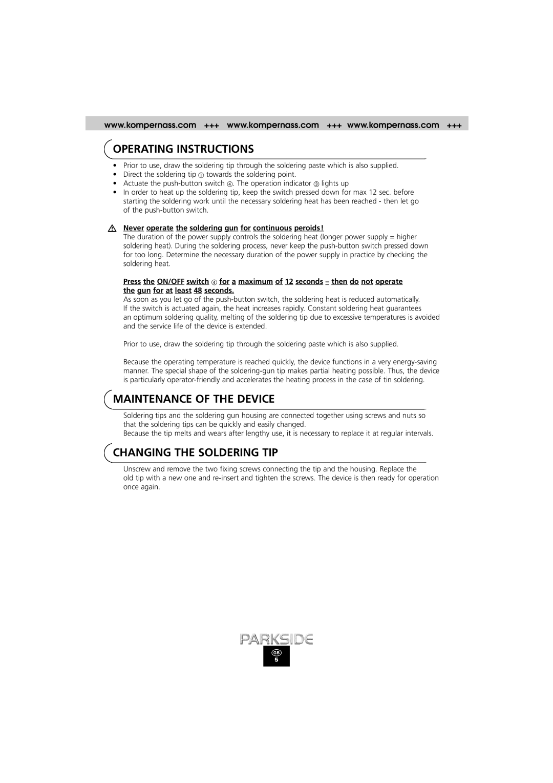 Kompernass PLP 180 manual Operating Instructions, Maintenance of the Device, Changing the Soldering TIP 