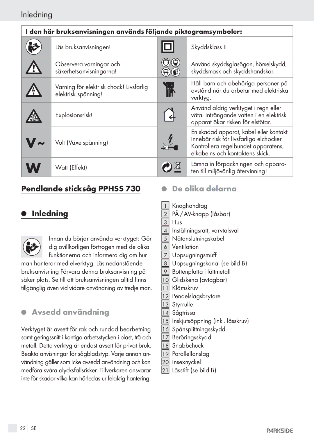 Kompernass PPHSS730 manual Inledning, Pendlande sticksåg Pphss, De olika delarna, Avsedd användning 