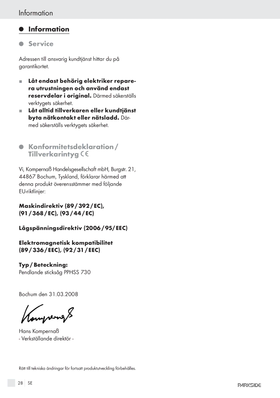 Kompernass PPHSS730 manual Information, Service, Konformitetsdeklaration / Tillverkarintyg 