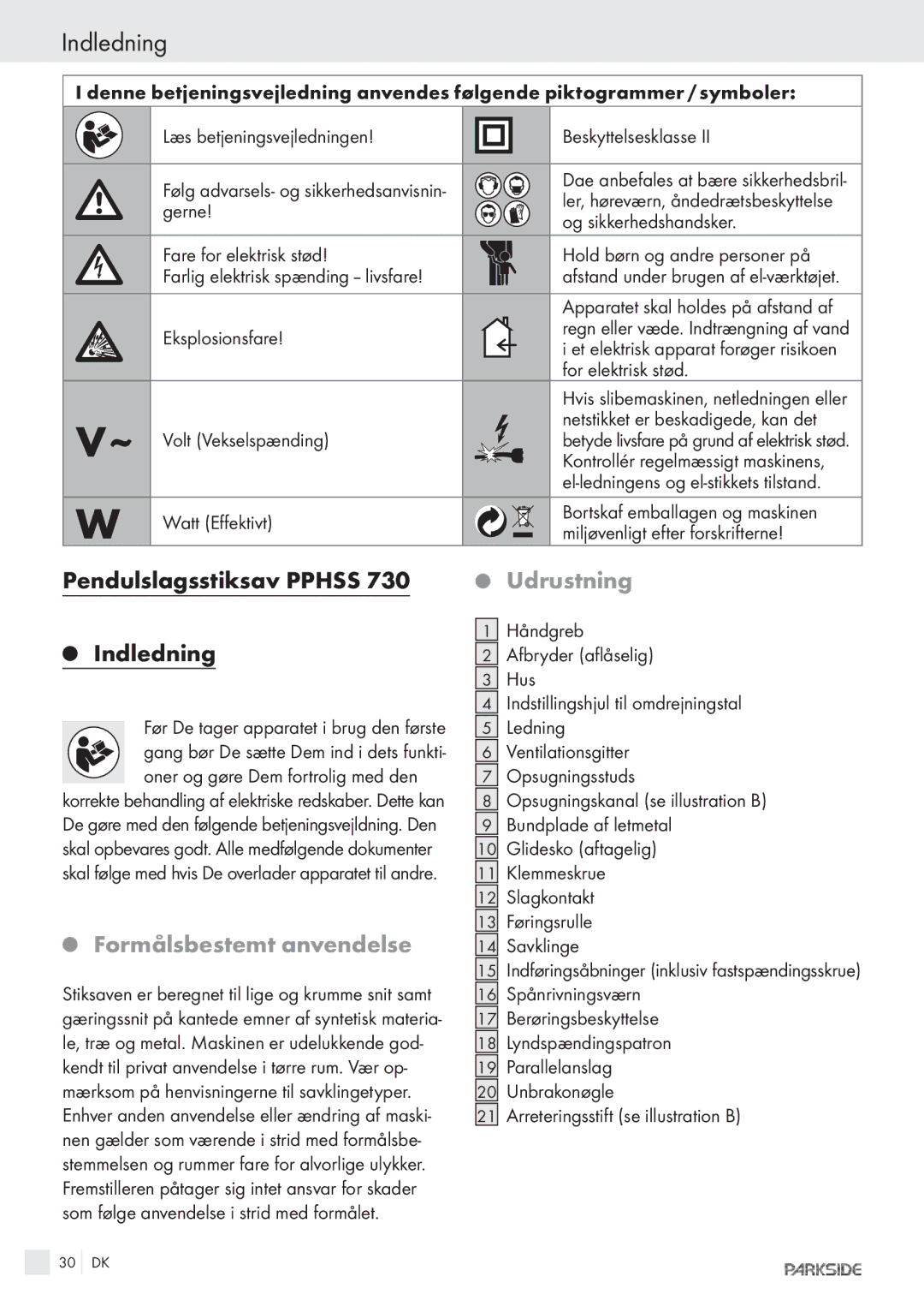 Kompernass PPHSS730 manual Indledning, Pendulslagsstiksav Pphss, Udrustning, Formålsbestemt anvendelse 