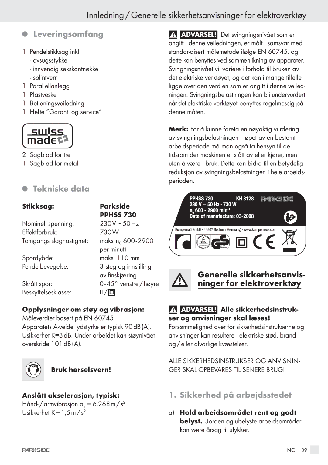 Kompernass PPHSS730 manual Leveringsomfang, Tekniske data, Generelle sikkerhetsanvis- ninger for elektroverktøy 